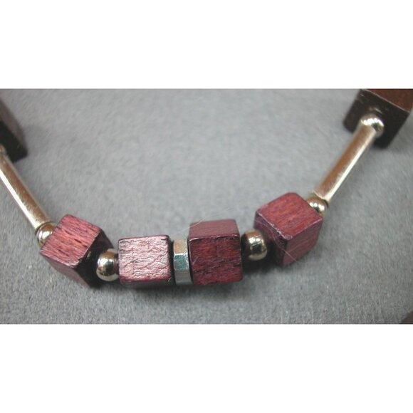 Handcrafted Wooden & Metal Beaded Necklace With Polished Cub., Cylindrical Accen - Picture 2 of 3